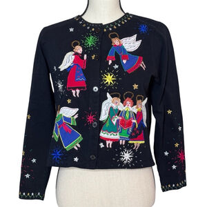 Vintage Michael Simon Sweater Christmas Angel Novelty Whimsy Cardigan size PS